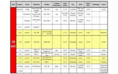 10 OCTOBRE - TABLEAU HORAIRES MATCHES